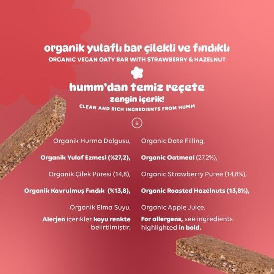Humm Organik Vegan Çilekli ve Fındıklı Yulaf Bar - 27g