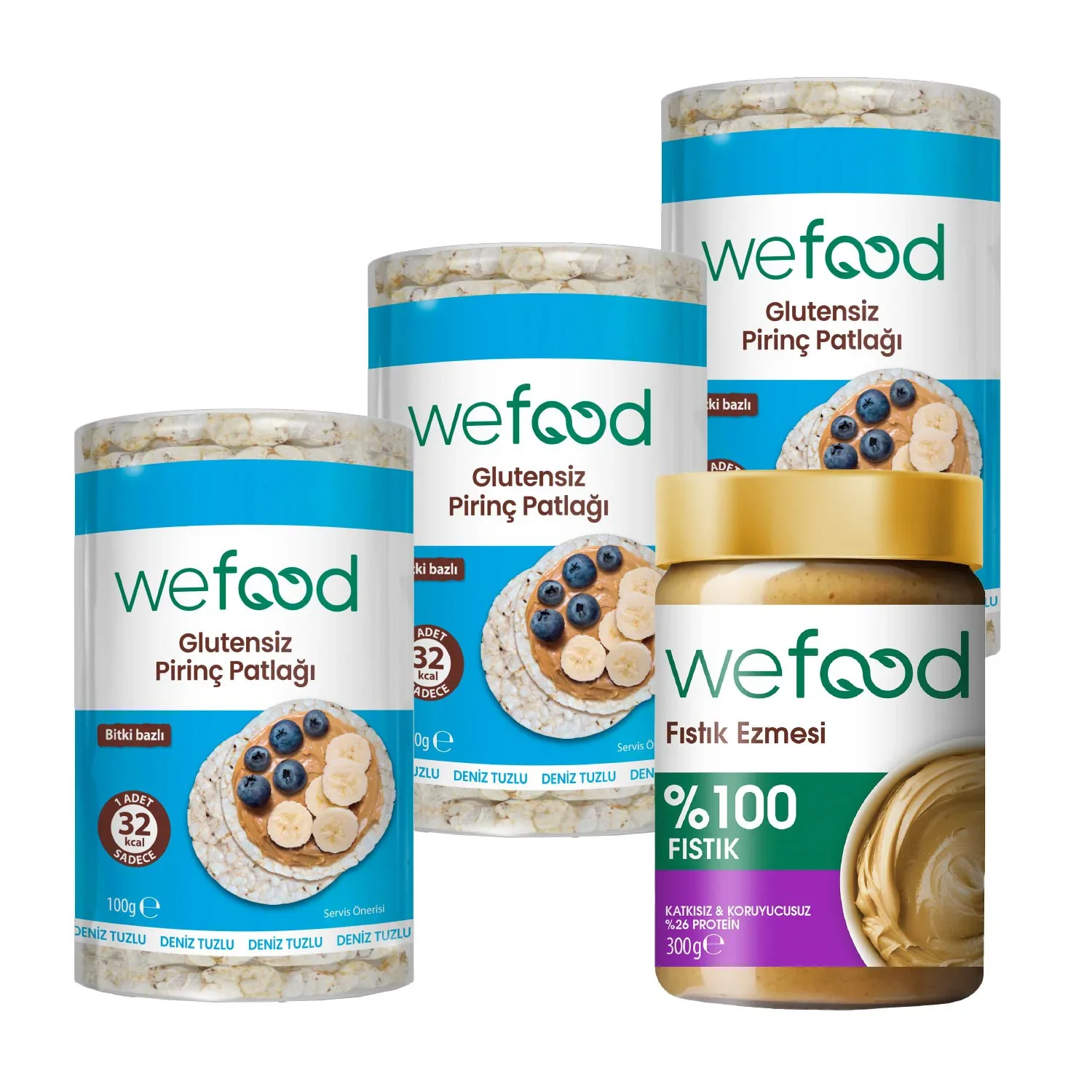  %100 Fıstık Ezmesi 300 gr + Wefood Glutensiz Pirinç Patlağı 100 gr 3'lü