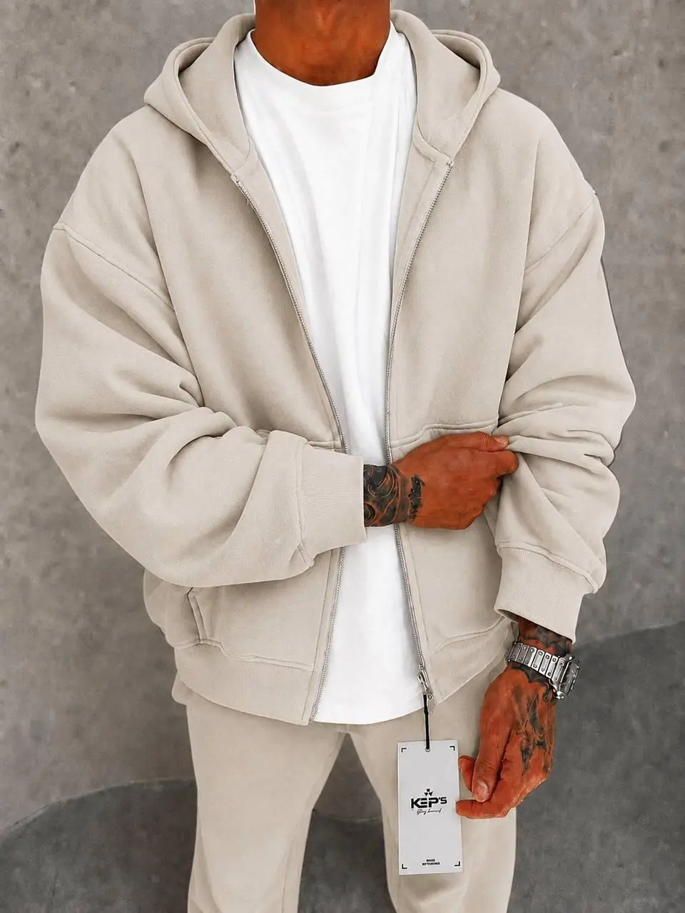 Erkek Bej Oversize Fermuarlı Kapüşonlu Sweatshirt