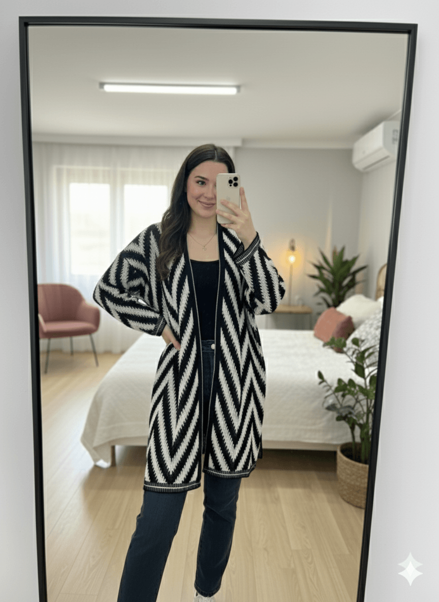 Zigzag Desenli Oversize Triko Hırka