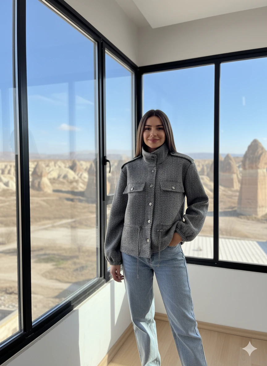 Balık Sırtı Desen Dik yaka Düğmeli Kaşe Ceket