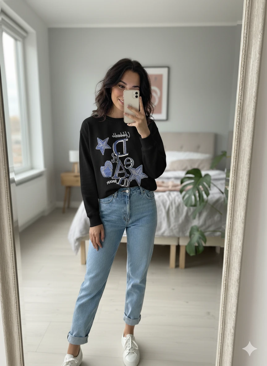 DREAM yazılı Bisiklet yaka standart kalıp Taşlı ve Baskılı kadın Sweat - Siyah