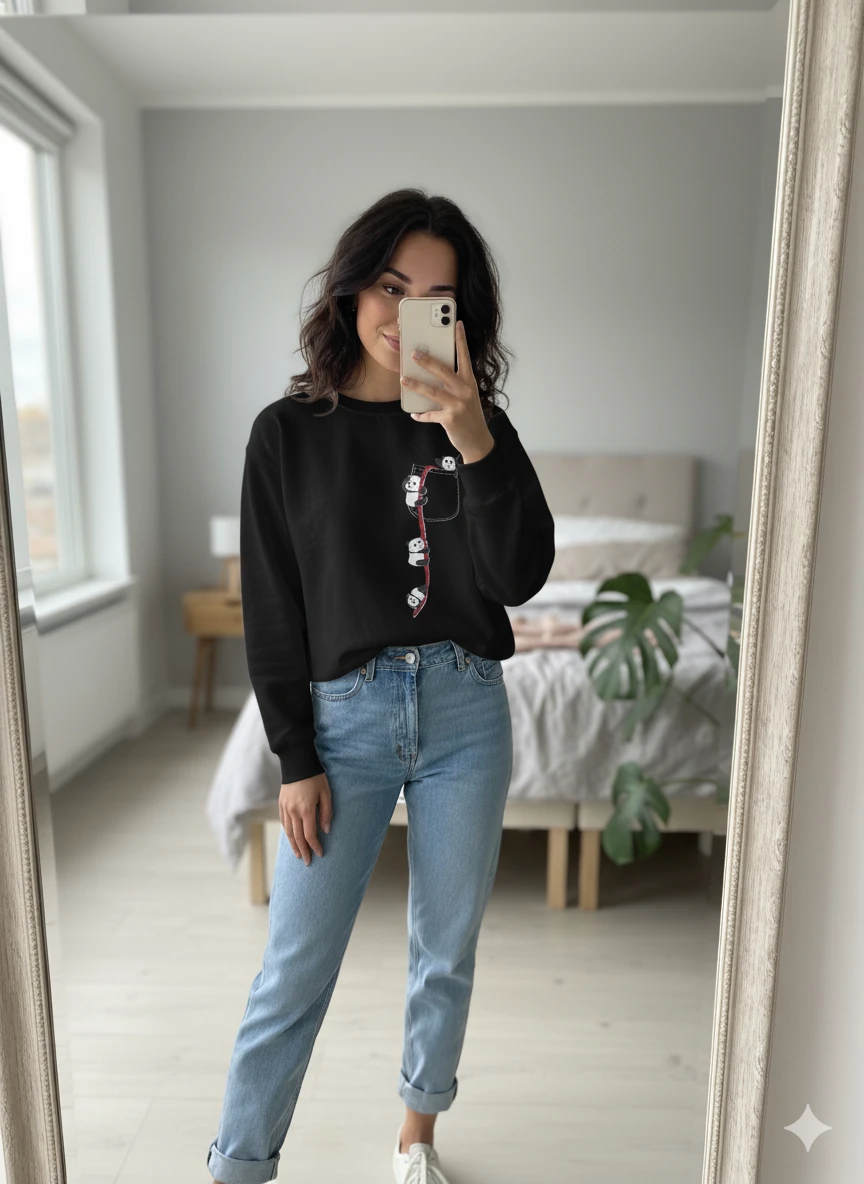 Bisiklet yaka standart Kalıp Baskılı Kadın Sweatshirt - Siyah