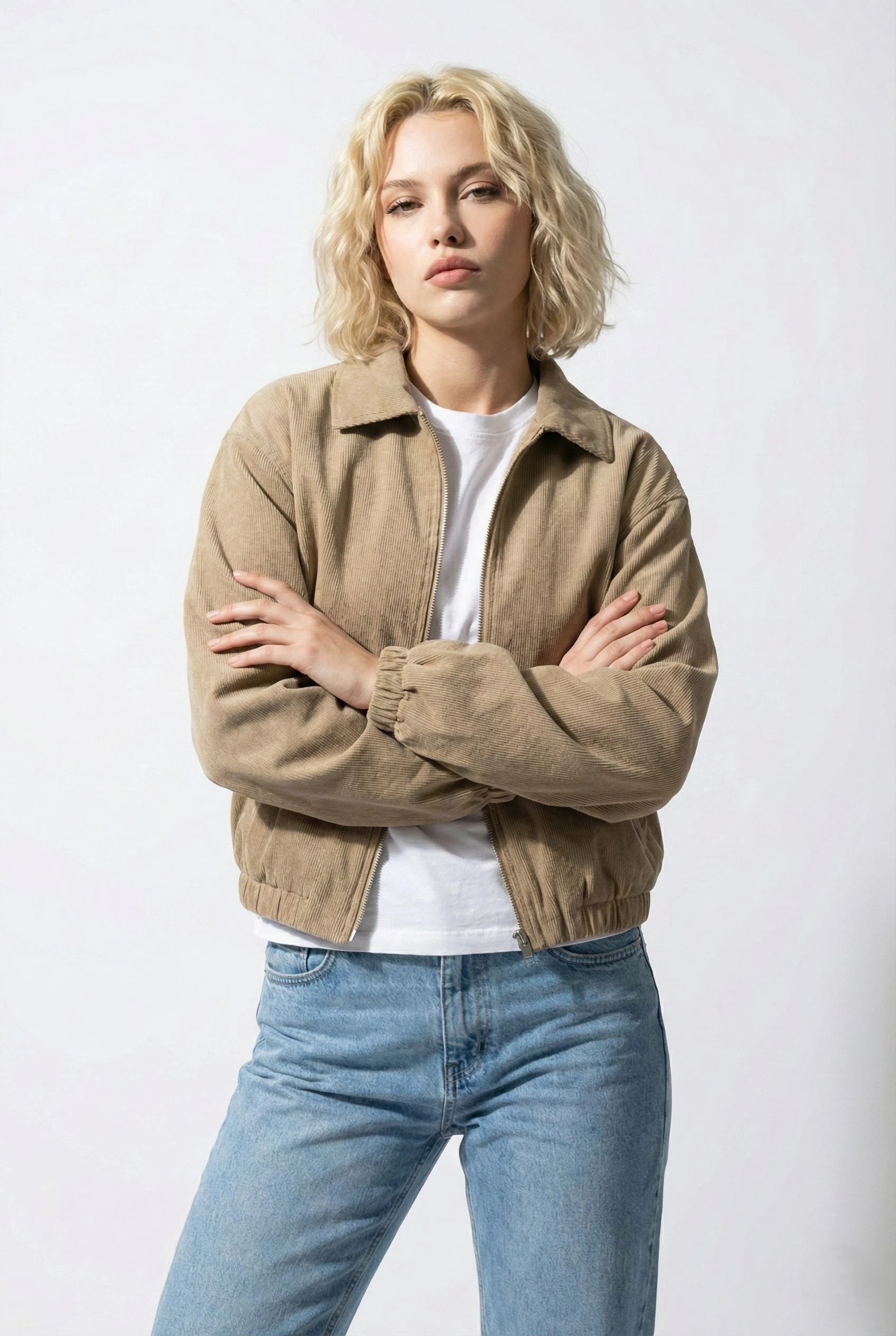 Kadın Oversize Pamuklu Gabardin Klasik Yaka Fermuarlı Casual Ceket Mont