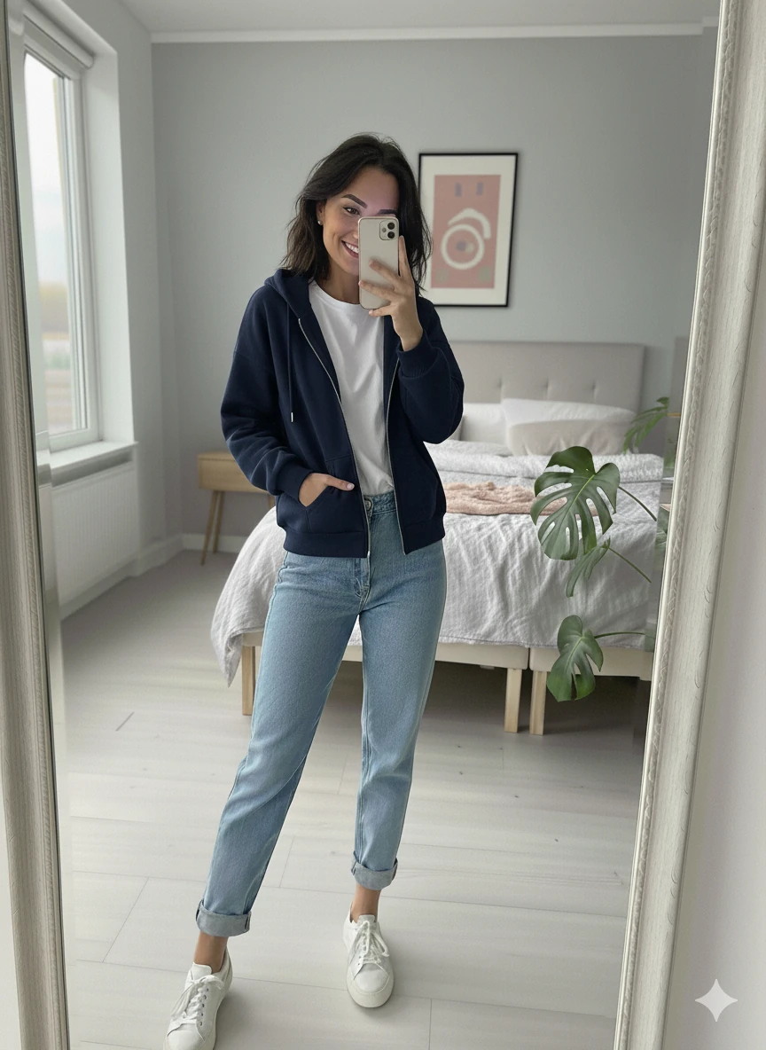 Unisex Over Size 3 İplik Şardonlu Fermuarlı Sweatshirt - LACİVERT