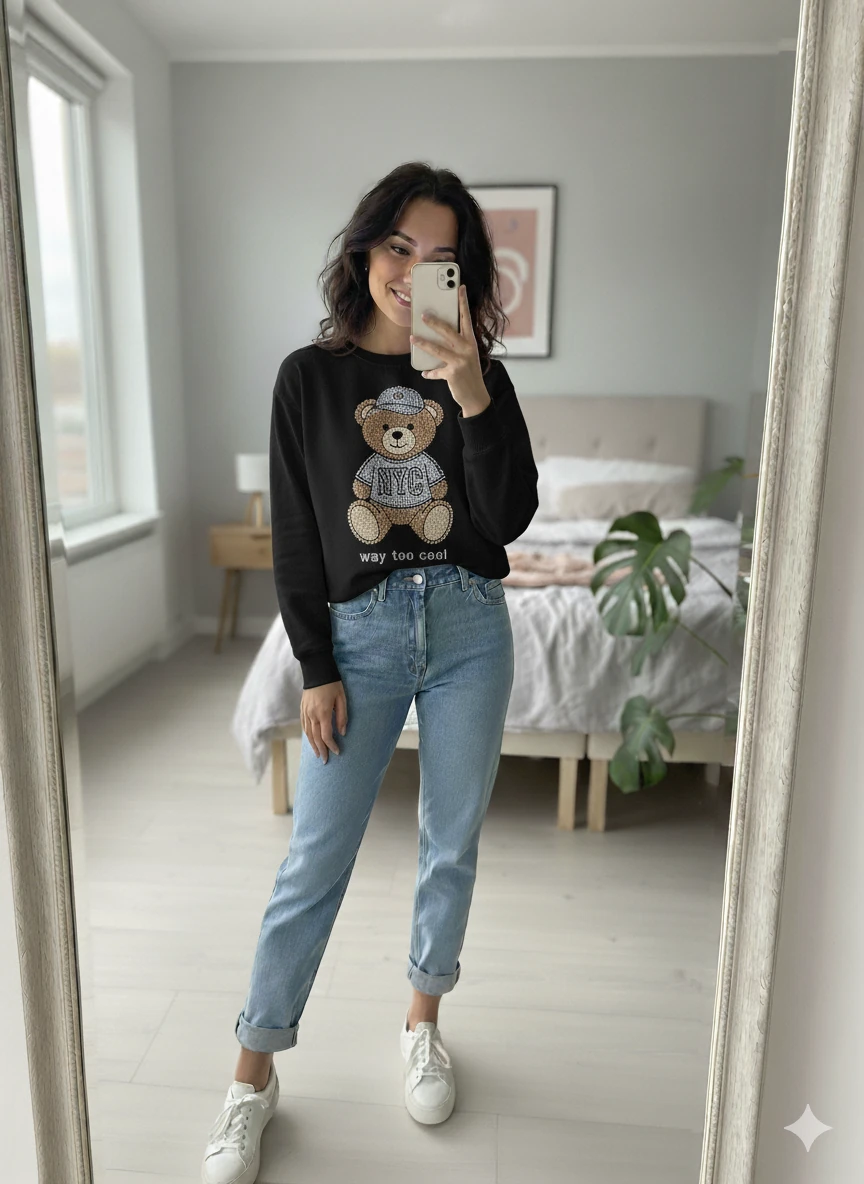 Ayıcık Desen Bisiklet yaka standart Kalıp Taş ve Baskılı Kadın Sweatshirt - Siyah