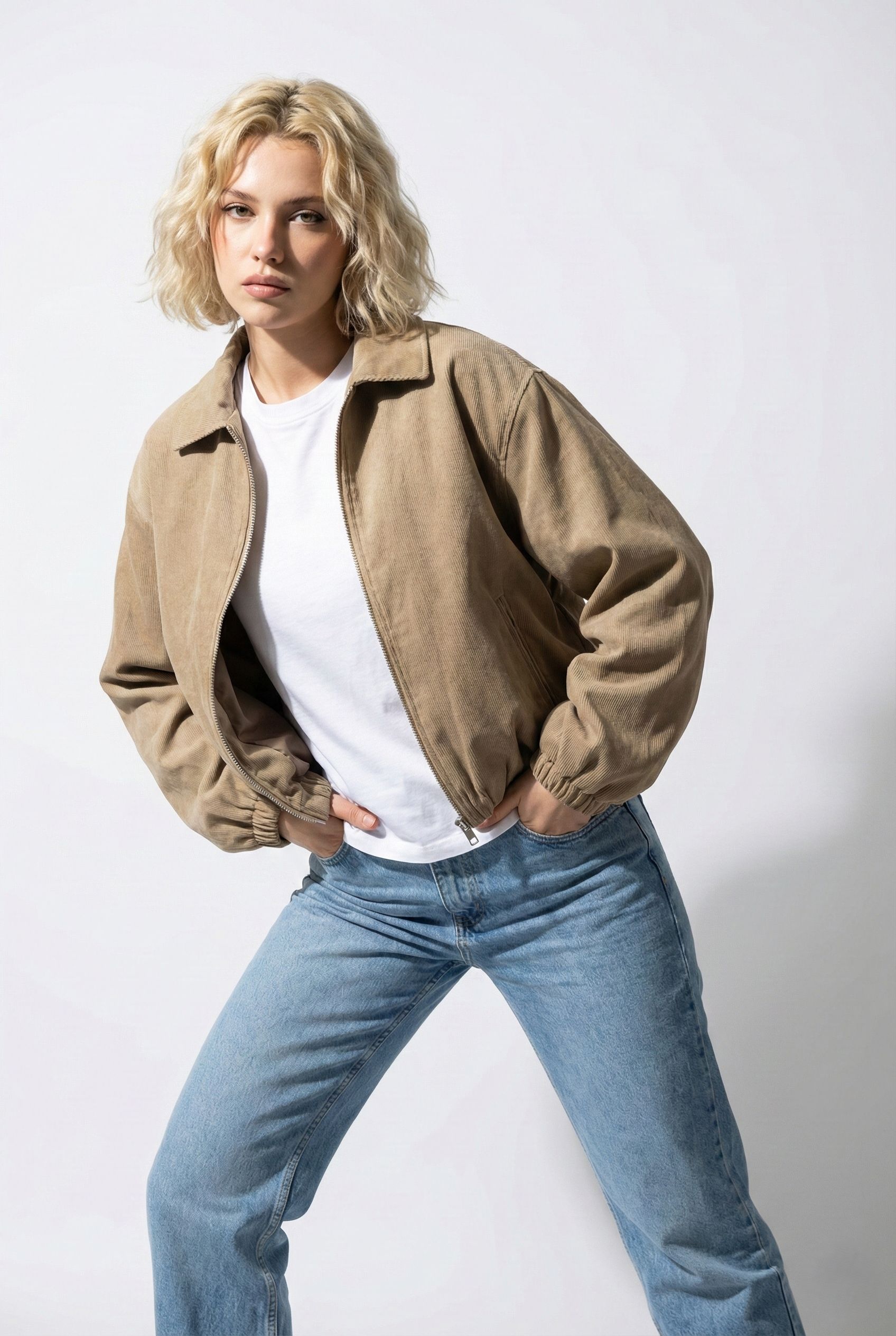 Kadın Oversize Pamuklu Gabardin Klasik Yaka Fermuarlı Casual Ceket Mont