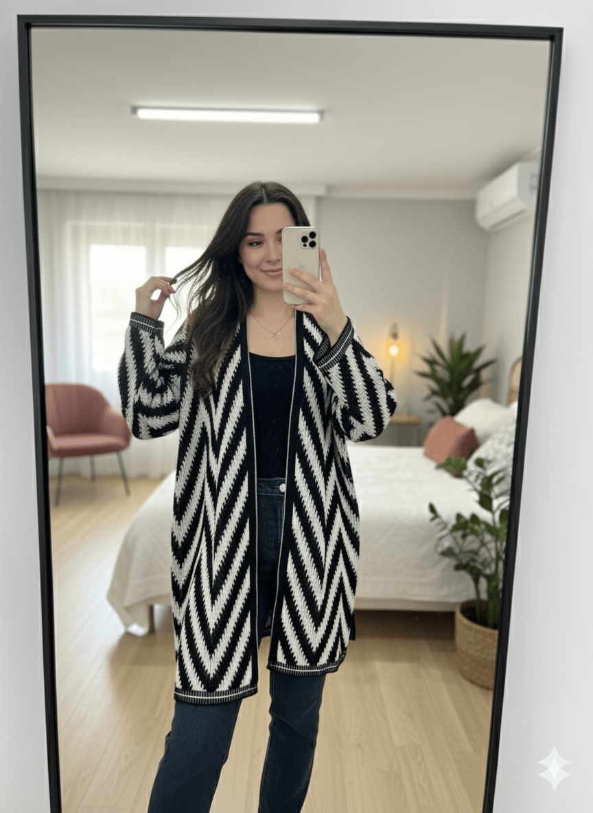 Zigzag Desenli Oversize Triko Hırka