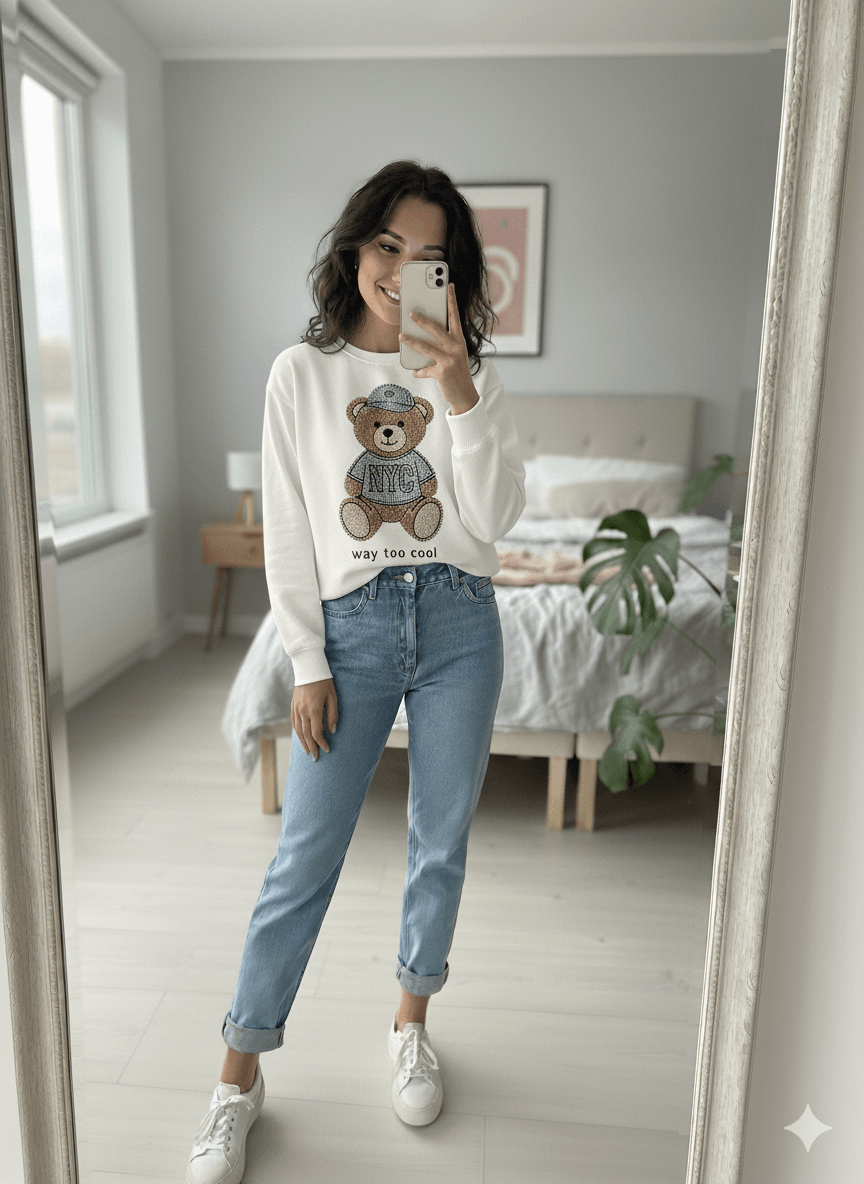Ayıcık Desen Bisiklet yaka standart Kalıp Taş ve Baskılı Kadın Sweatshirt
