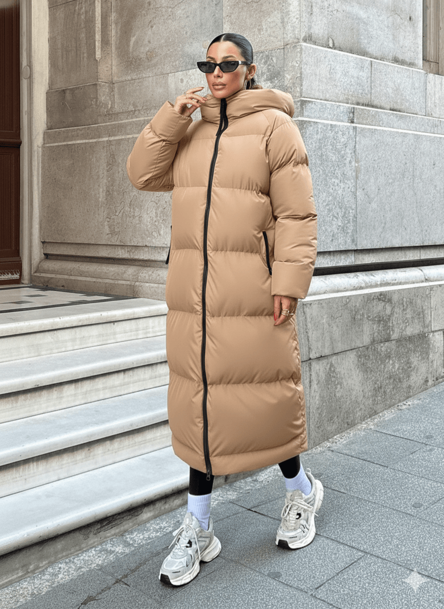 Kapüşonlu Uzun Puffer Mont