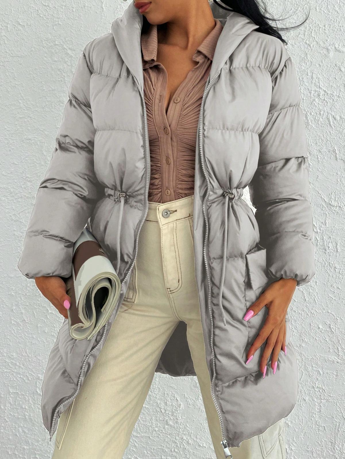 Beli Bağcık Detay Kapüşonlu Şişme Mont - GRİ