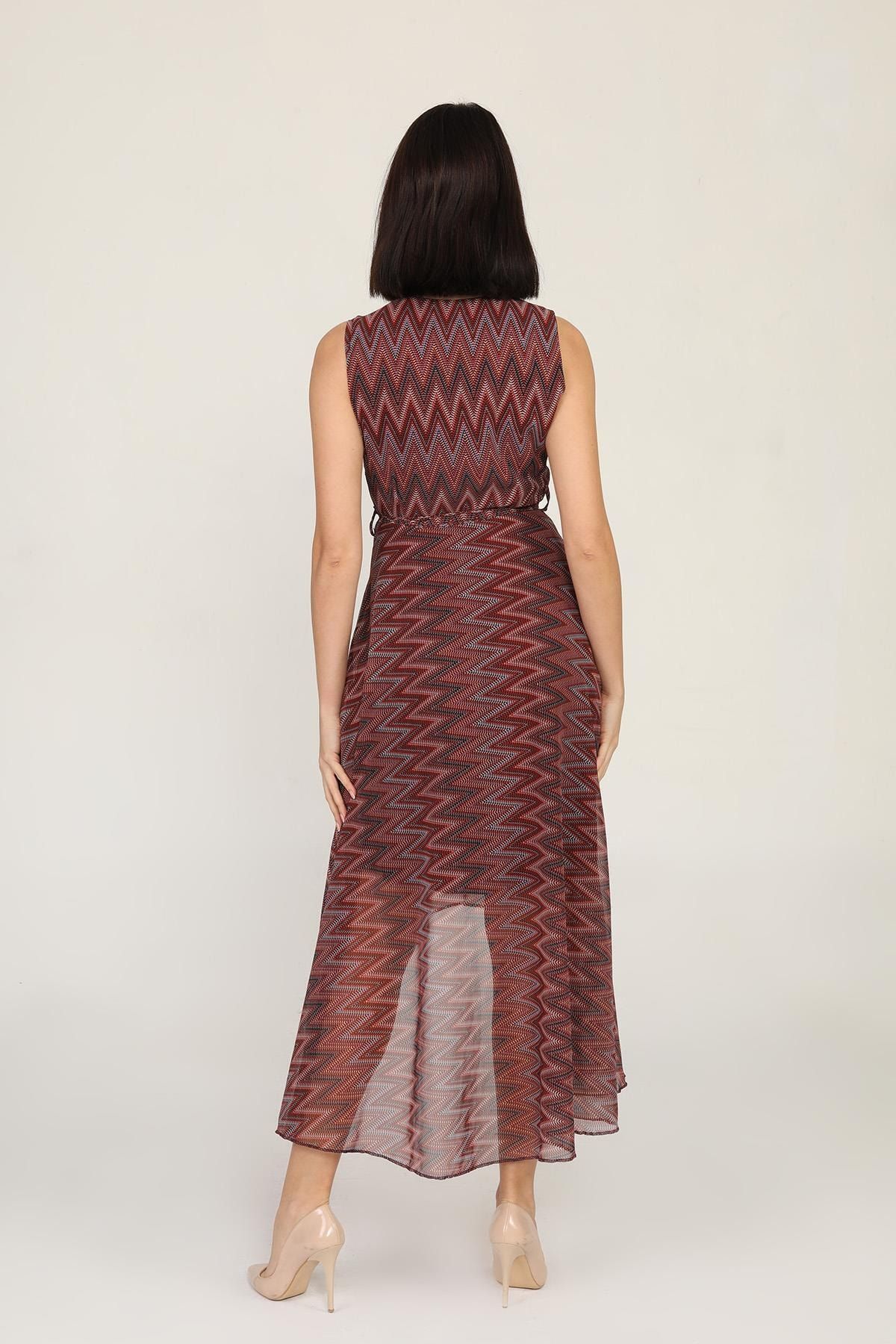 Kruvaze Önü Kısa Arkası Uzun Desenli Şifon Elbise