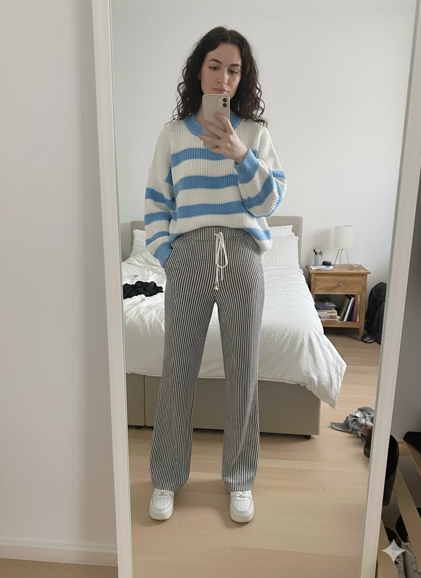 Kadın Oversize Çizgili Kazak - BEBE MAVİ