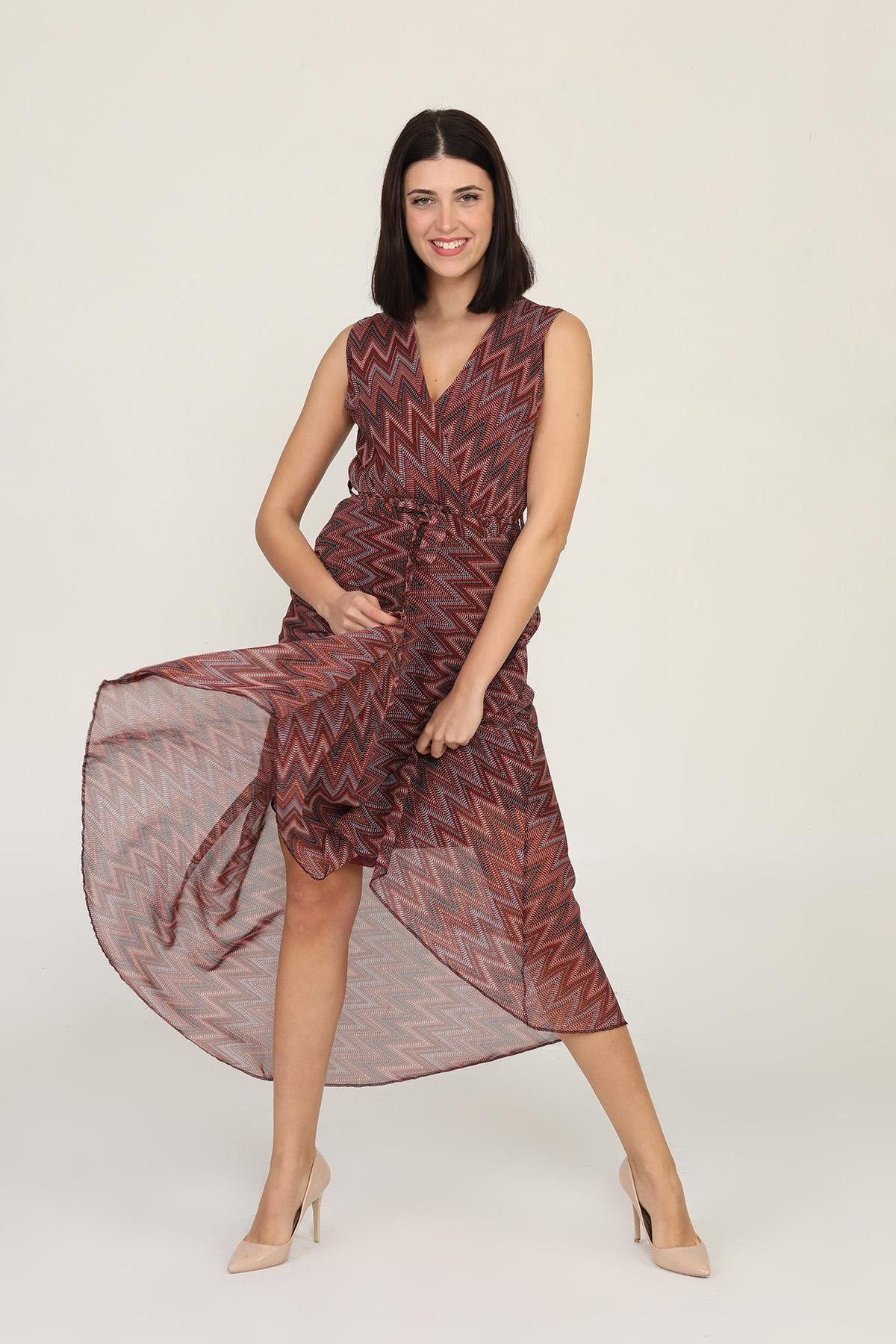 Kruvaze Önü Kısa Arkası Uzun Desenli Şifon Elbise