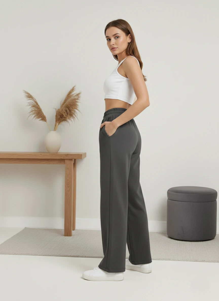 Modal Kumaş Beli Lastikli Düz Paça Rahat Kesim Premium Pantolon