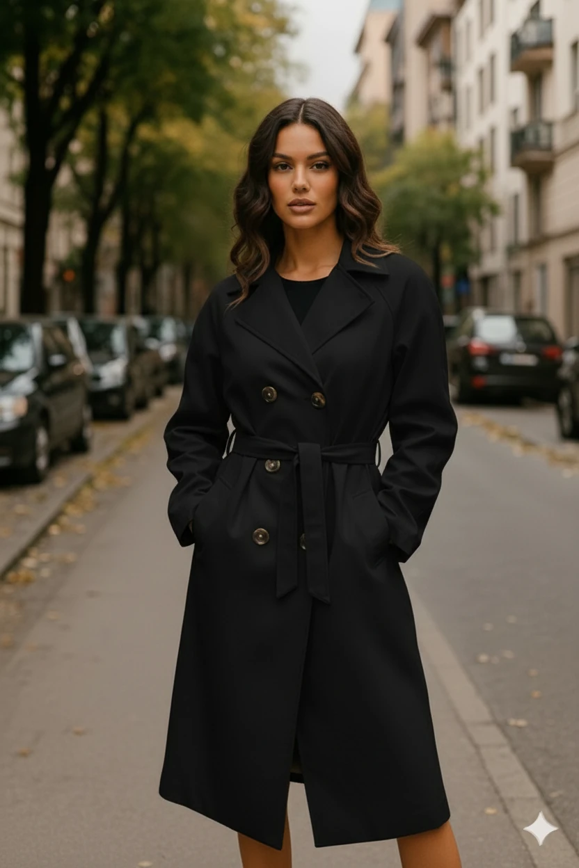 Yeni Sezon Kuşaklı Oversize Trençkot - Siyah