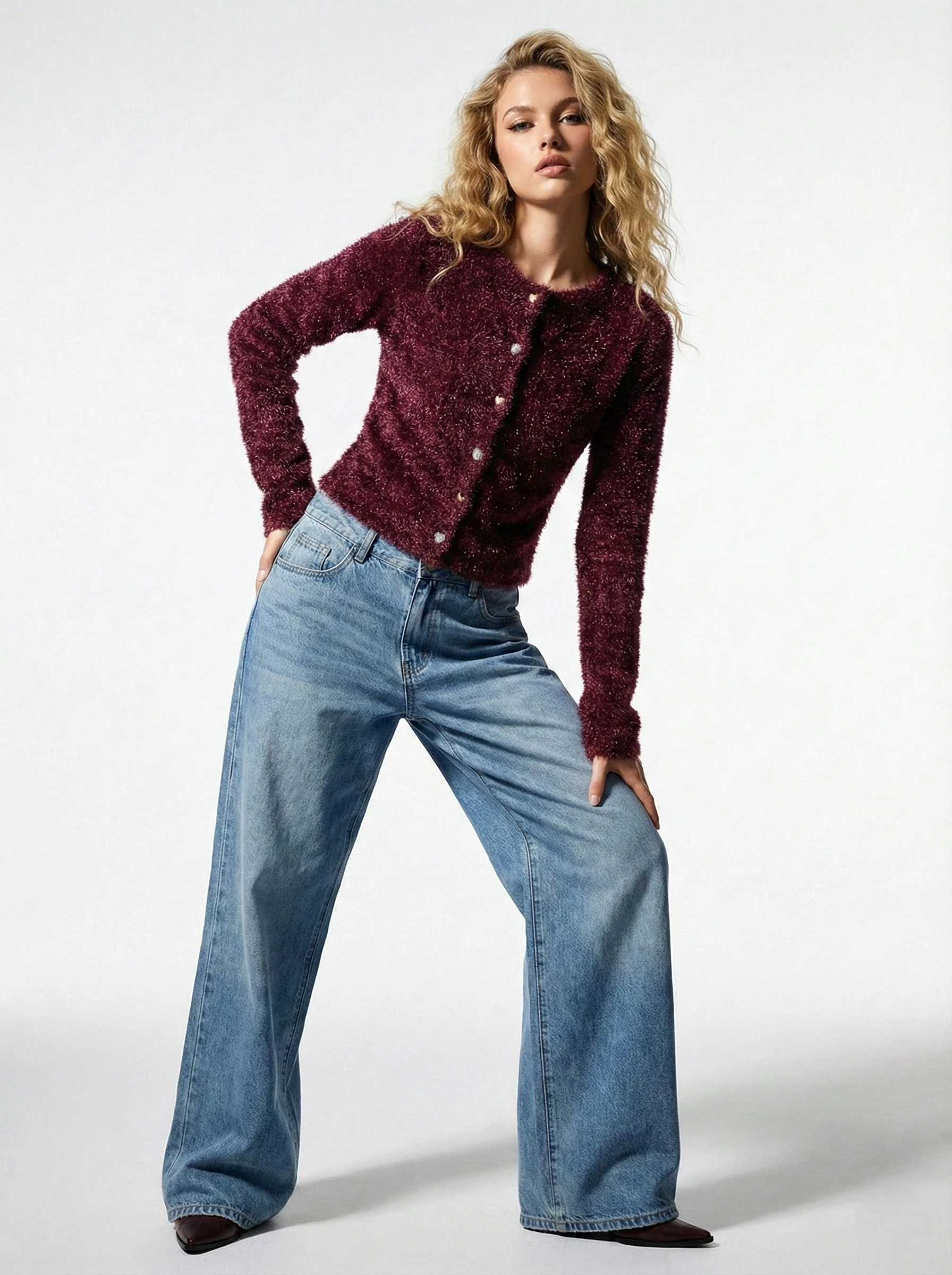 Premium Peluş Kalp Düğmeli Kadın Hırka