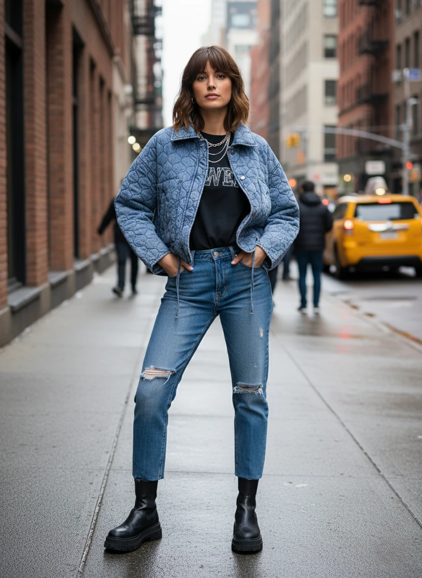 Kapitone Düğme Detaylı Denim Ceket - mavi