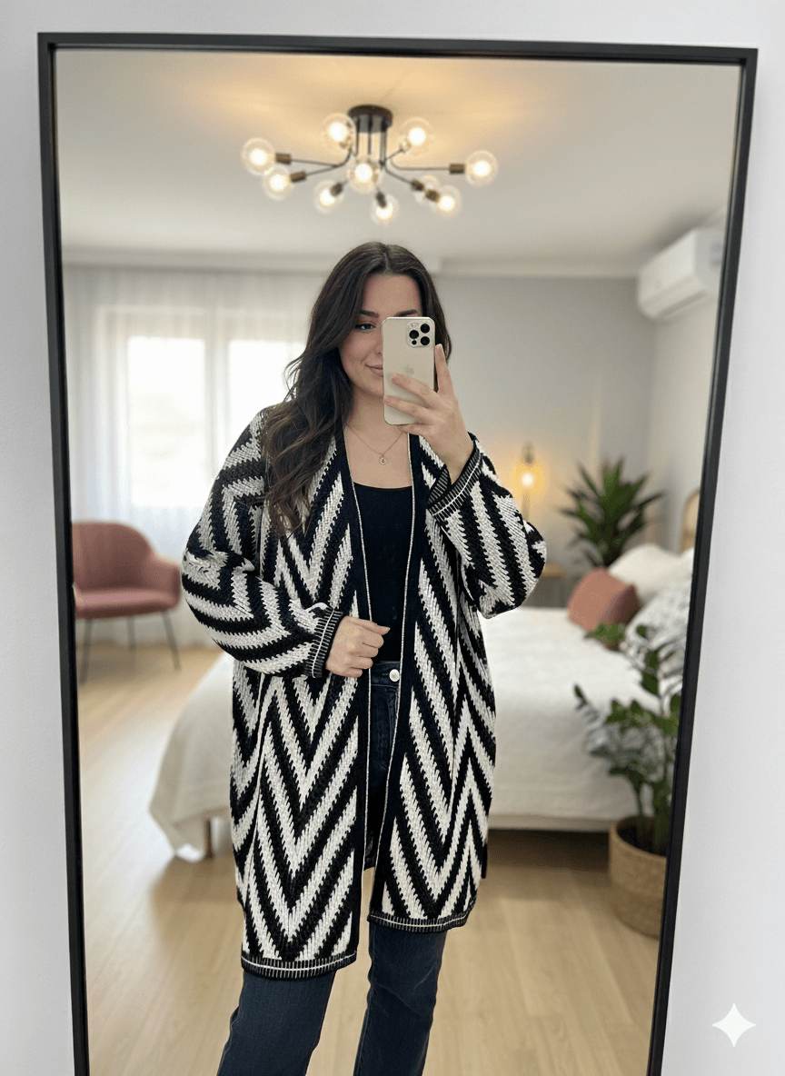 Zigzag Desenli Oversize Triko Hırka