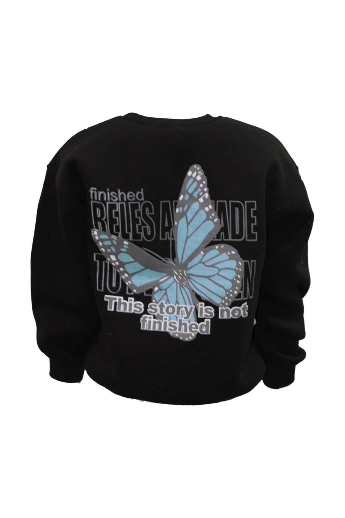 Unisex Oversize 3 iplik Şardonlu Renkli Kelebek Baskılı Sweatshirt