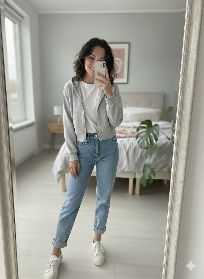 Crop Kapşonlu ve Fermuarlı Kadın 3 iplik Sweatshirt - GRİ