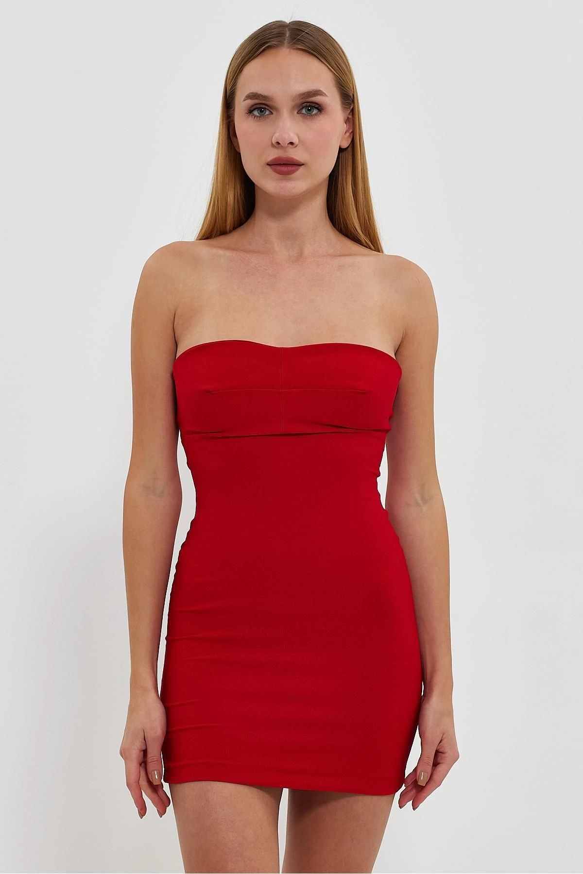 Finike Kumaş Straples Yaka Mini Elbise