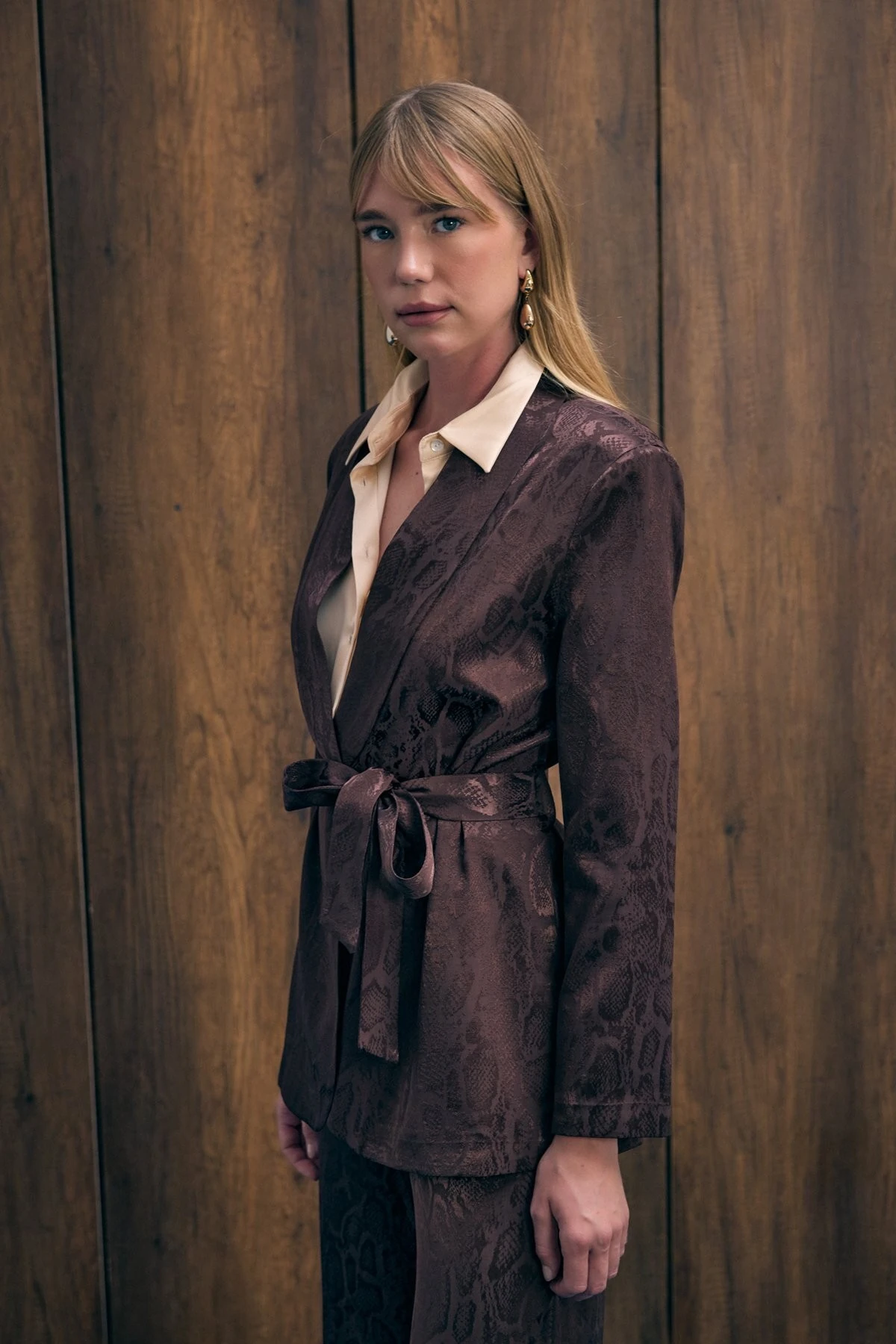 Yılan Desenli Uzun Ceket - Kahve