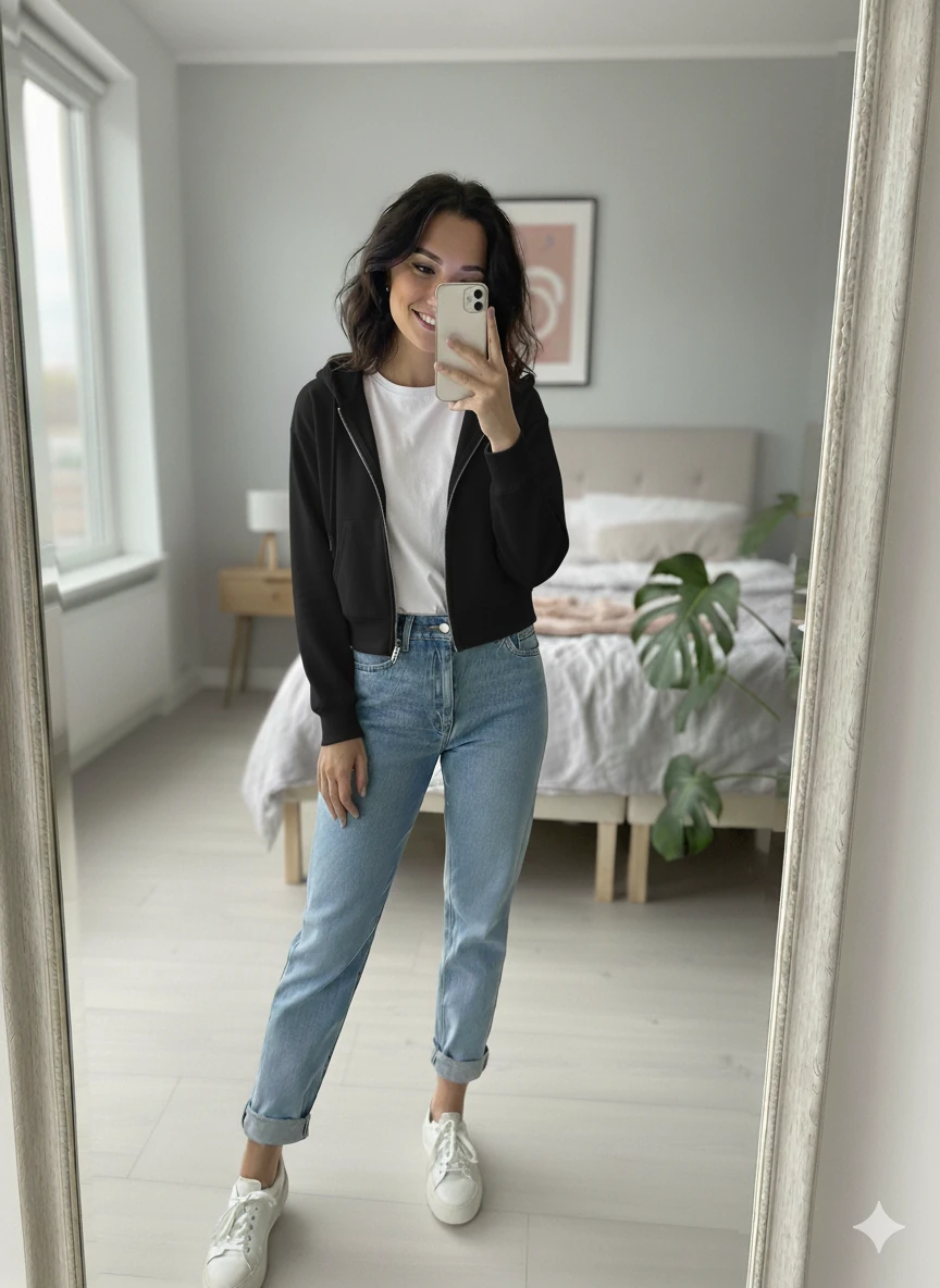 Crop Kapşonlu ve Fermuarlı Kadın 3 iplik Sweatshirt - LACİVERT