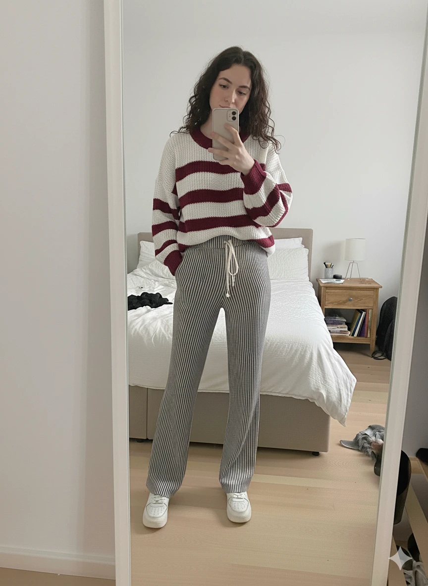 Kadın Oversize Çizgili Kazak - BORDO