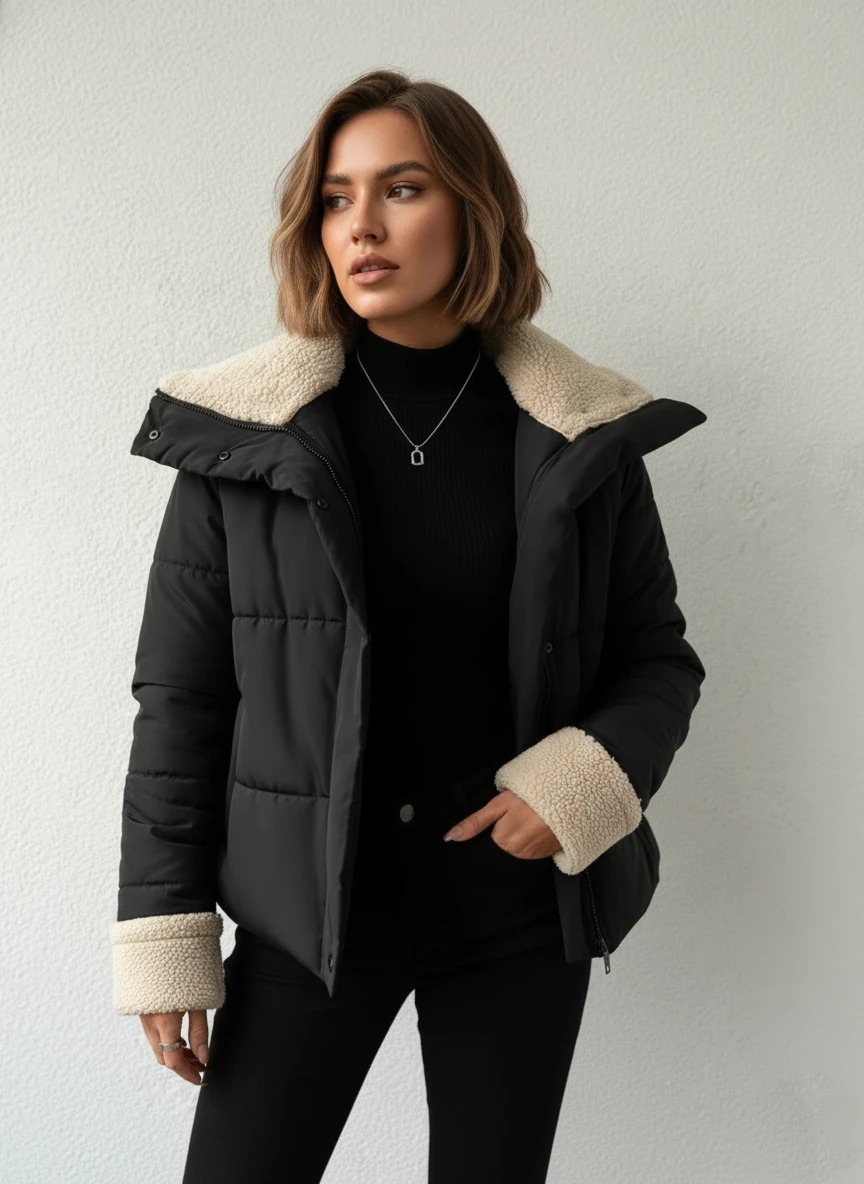 Kadın Yakası ve Kolu Kürk Detay Şişme Mont