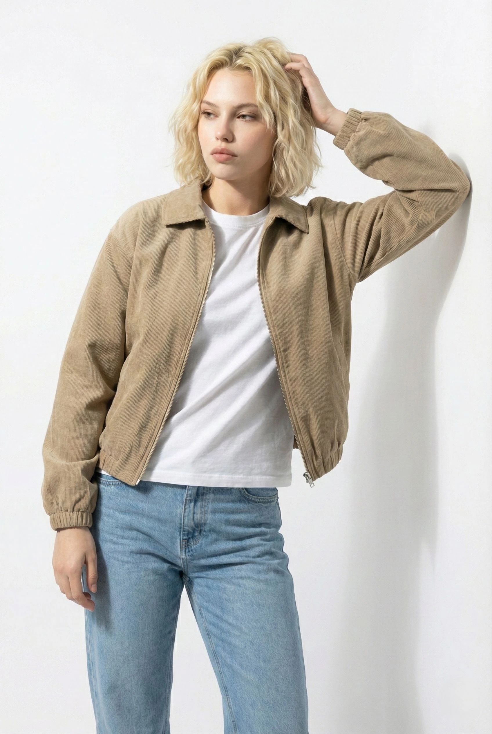 Kadın Oversize Pamuklu Gabardin Klasik Yaka Fermuarlı Casual Ceket Mont