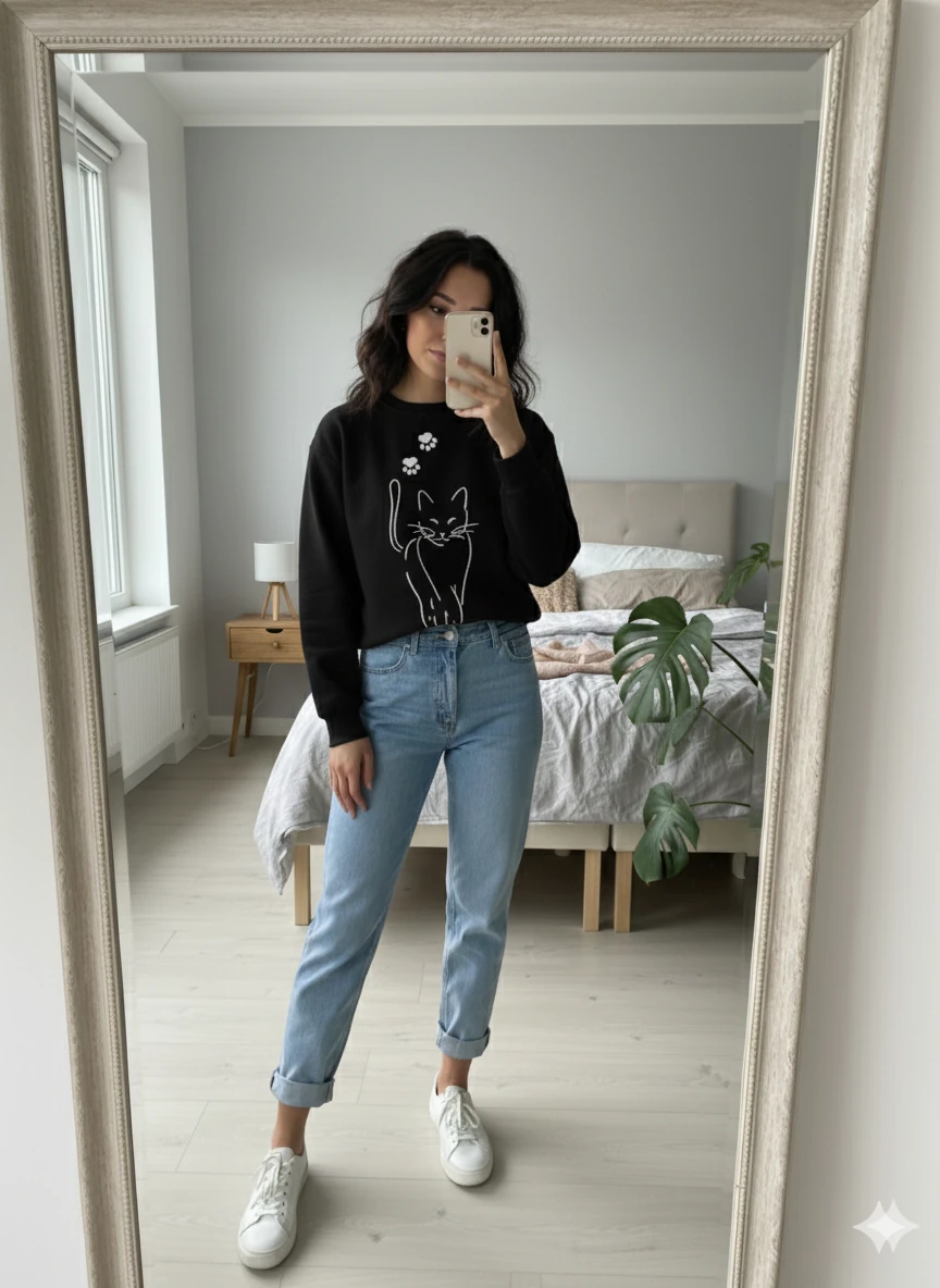 Bisiklet yaka standart Kalıp Baskılı Kadın Sweatshirt - Siyah