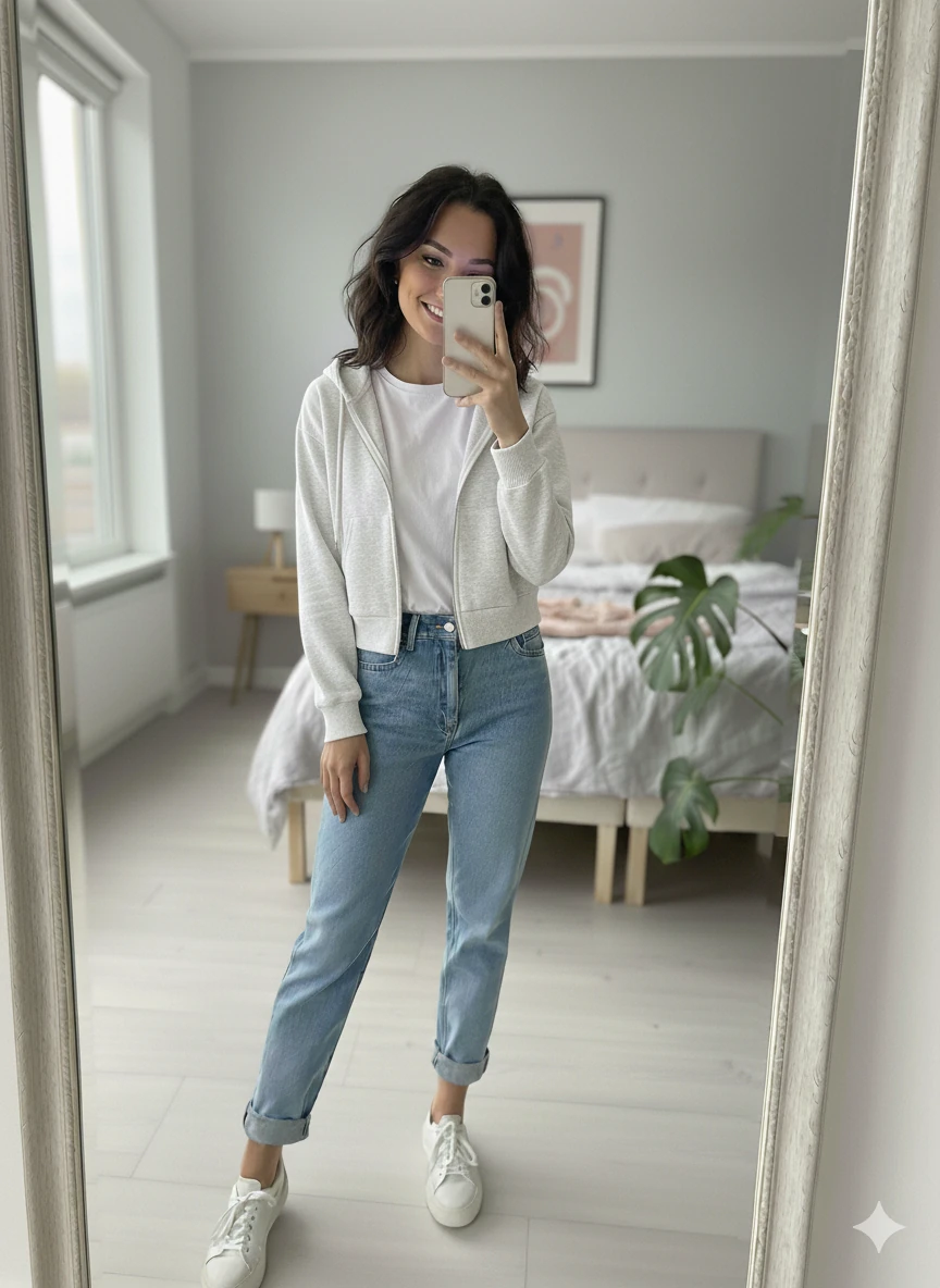 Crop Kapşonlu ve Fermuarlı Kadın 3 iplik Sweatshirt - EKRU