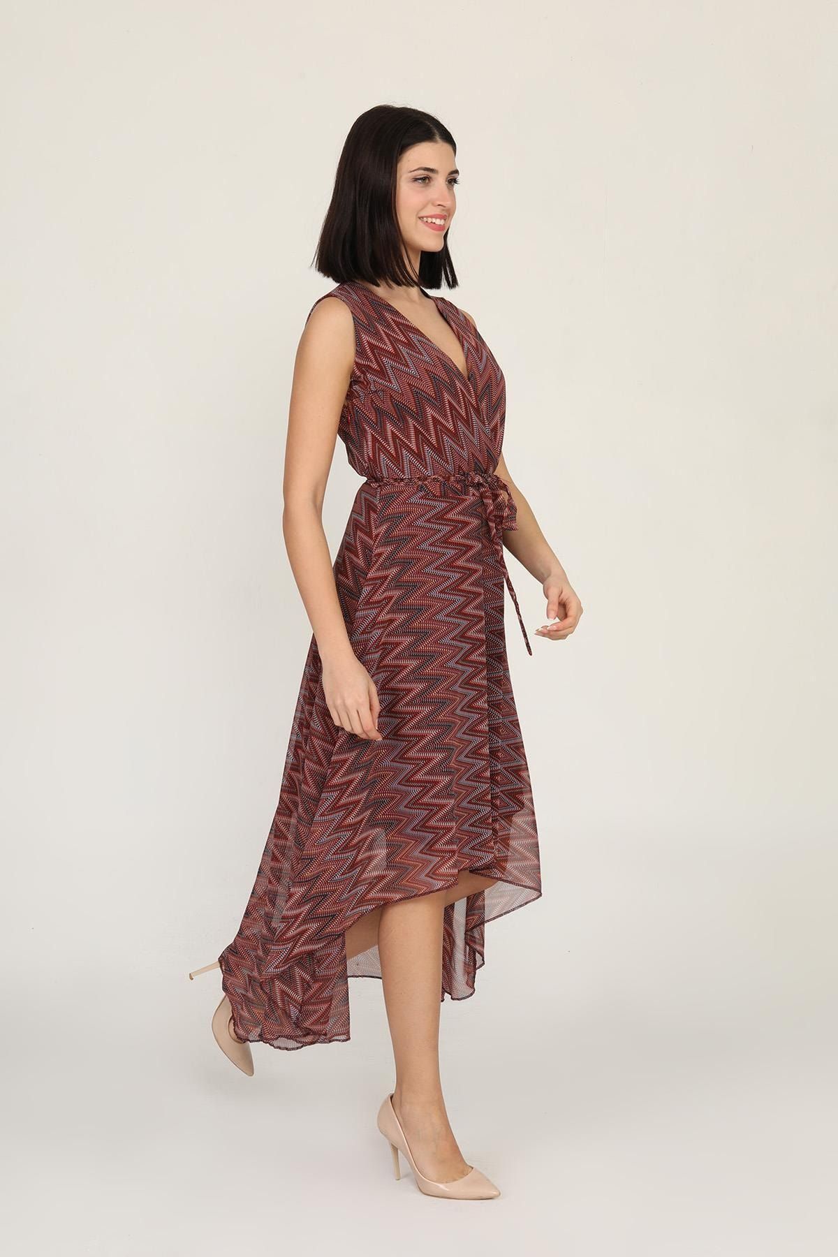 Kruvaze Önü Kısa Arkası Uzun Desenli Şifon Elbise