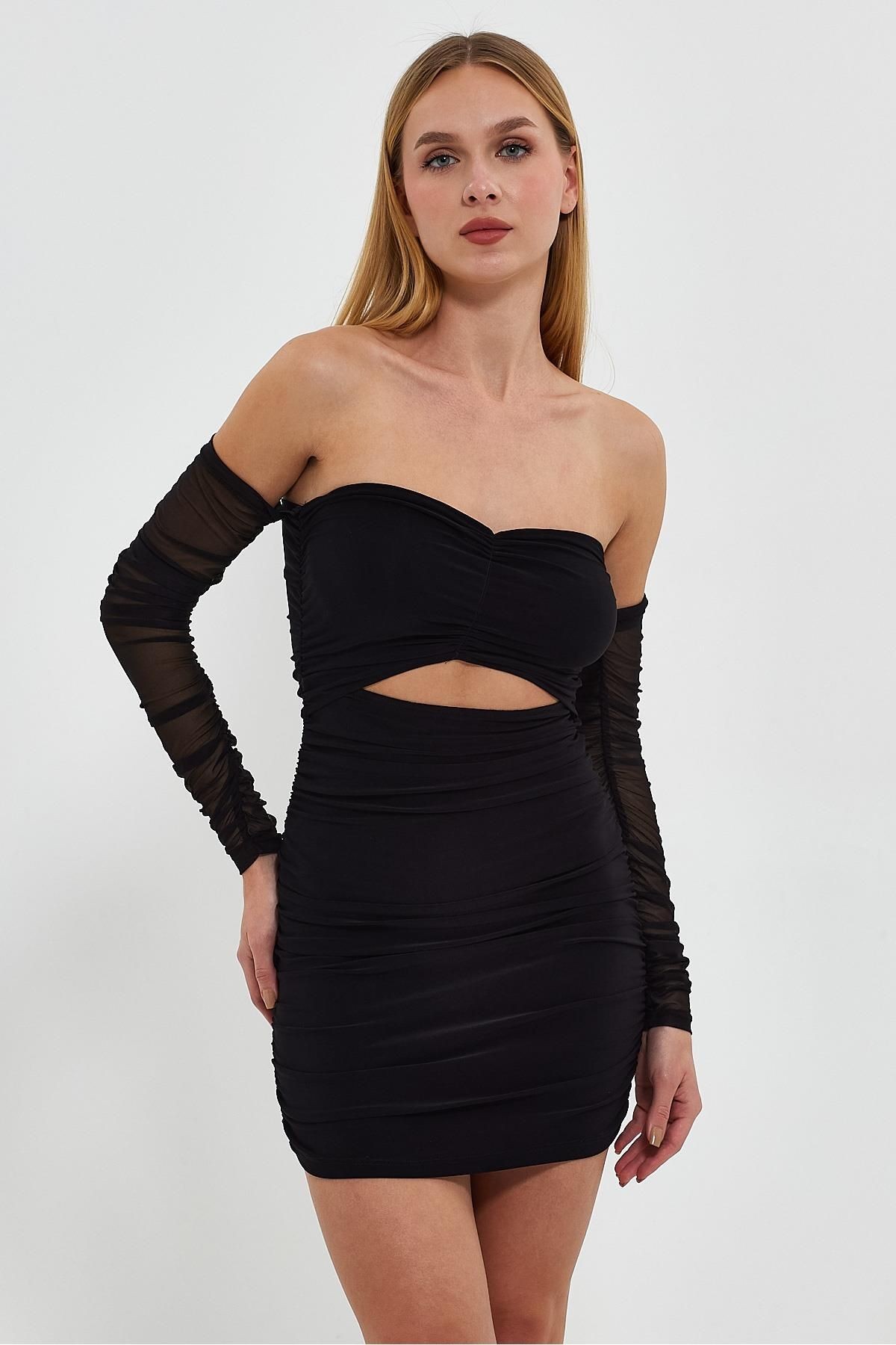 Straples Yaka Drapeli Cutout Örme Mini Elbise