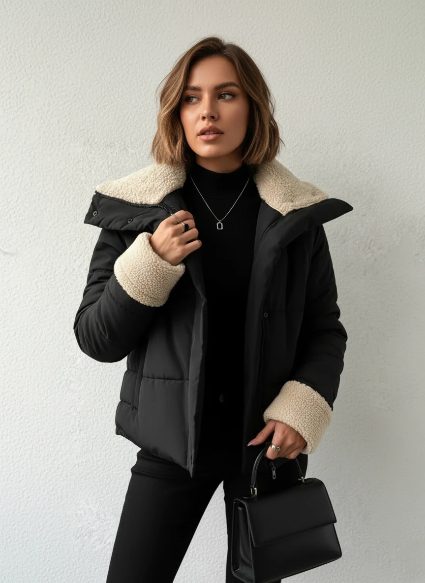 Kadın Yakası ve Kolu Kürk Detay Şişme Mont