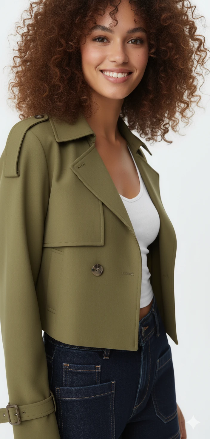 Yeni Sezon Düğmeli Kısa Trençkot - HAKİ