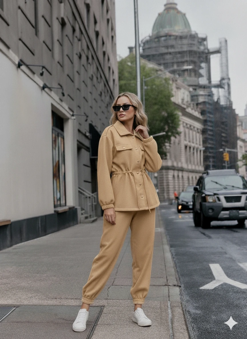 Beli Büzgülü Taba Flanel Görünümlü Ceket Takım