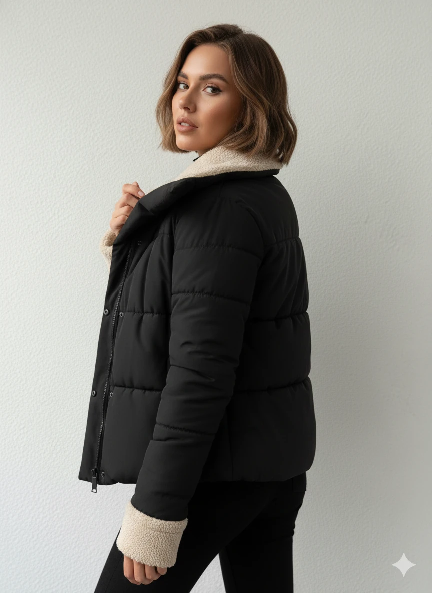 Kadın Yakası ve Kolu Kürk Detay Şişme Mont