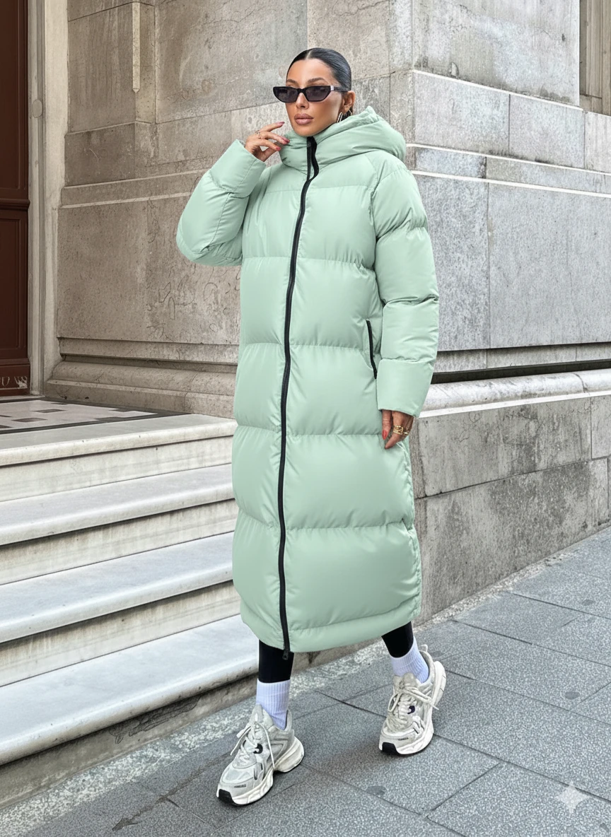Kapüşonlu Uzun Puffer Mont - MİNT YEŞİLİ