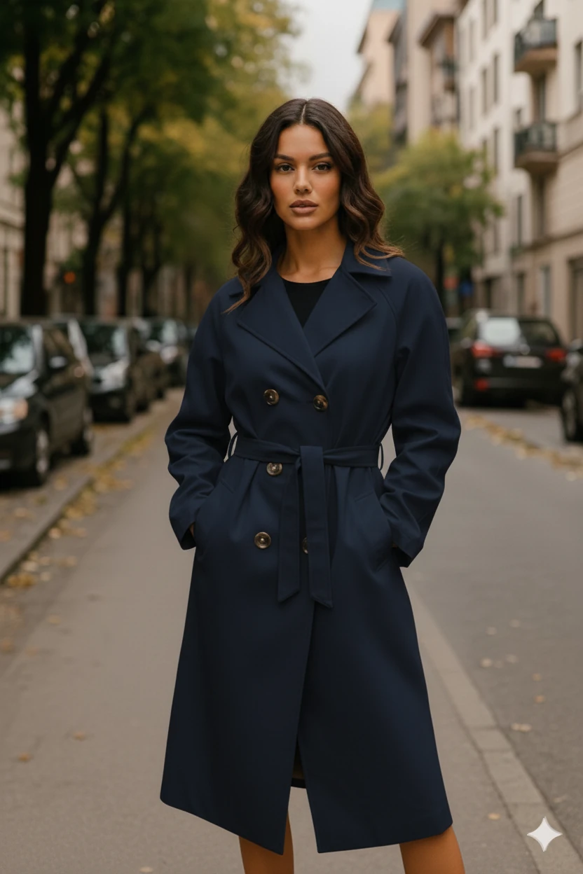 Yeni Sezon Kuşaklı Oversize Trençkot - LACİVERT