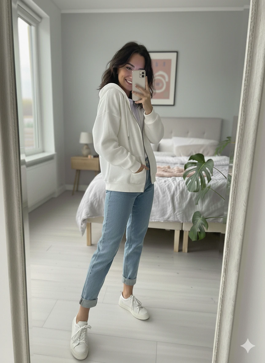 Unisex Over Size 3 İplik Şardonlu Fermuarlı Sweatshirt - EKRU