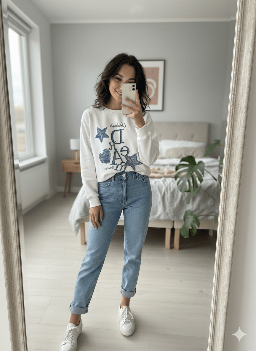 DREAM yazılı Bisiklet yaka standart kalıp Taşlı ve Baskılı kadın Sweat