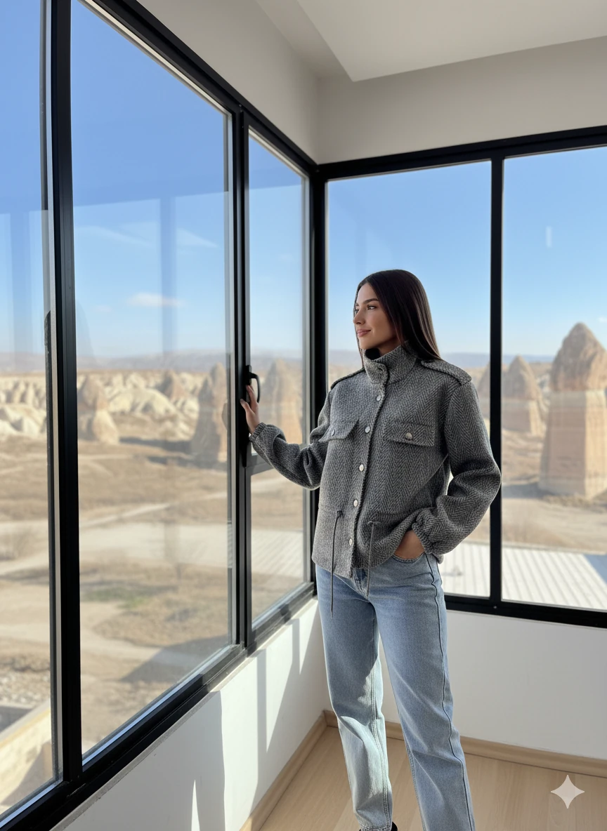 Balık Sırtı Desen Dik yaka Düğmeli Kaşe Ceket