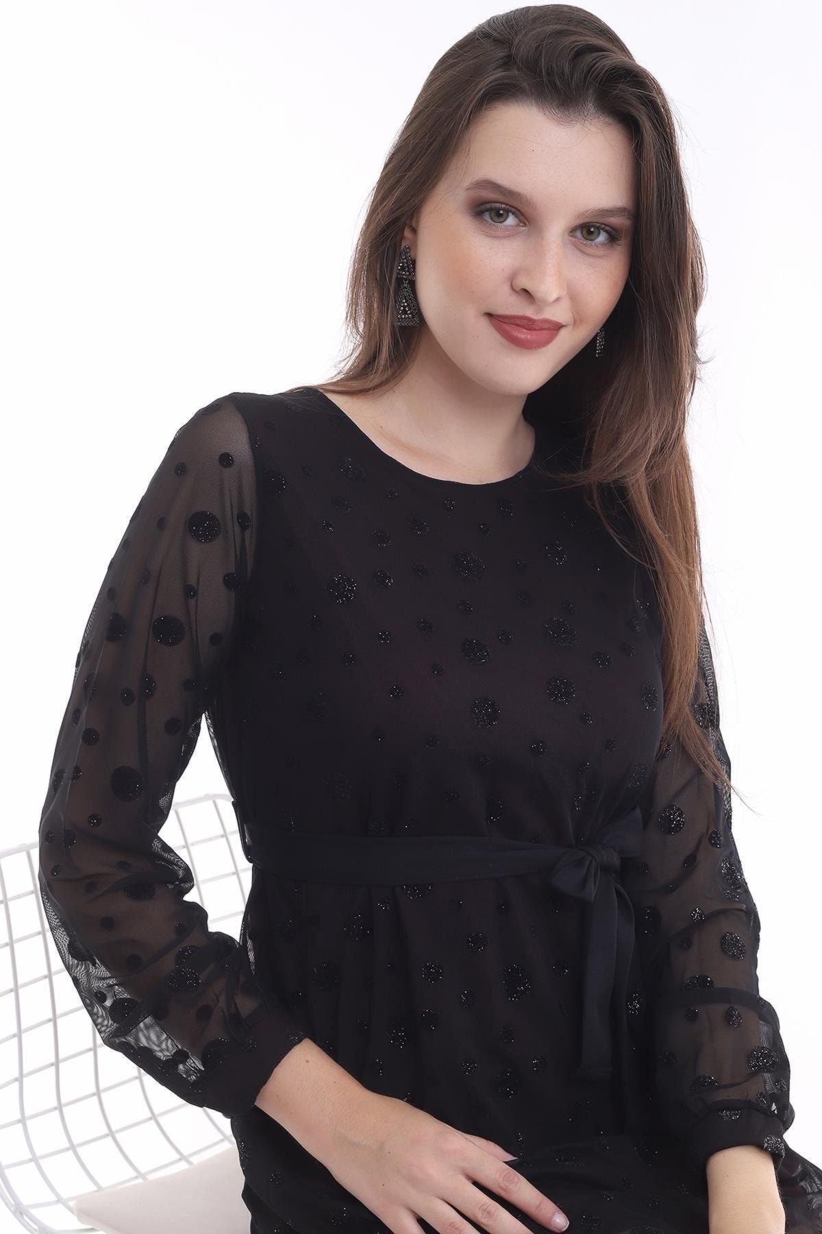 Sıfır Yaka Uzun Kol Eteği Fırfır Flok Simli Tül Mini Abiye Elbise
