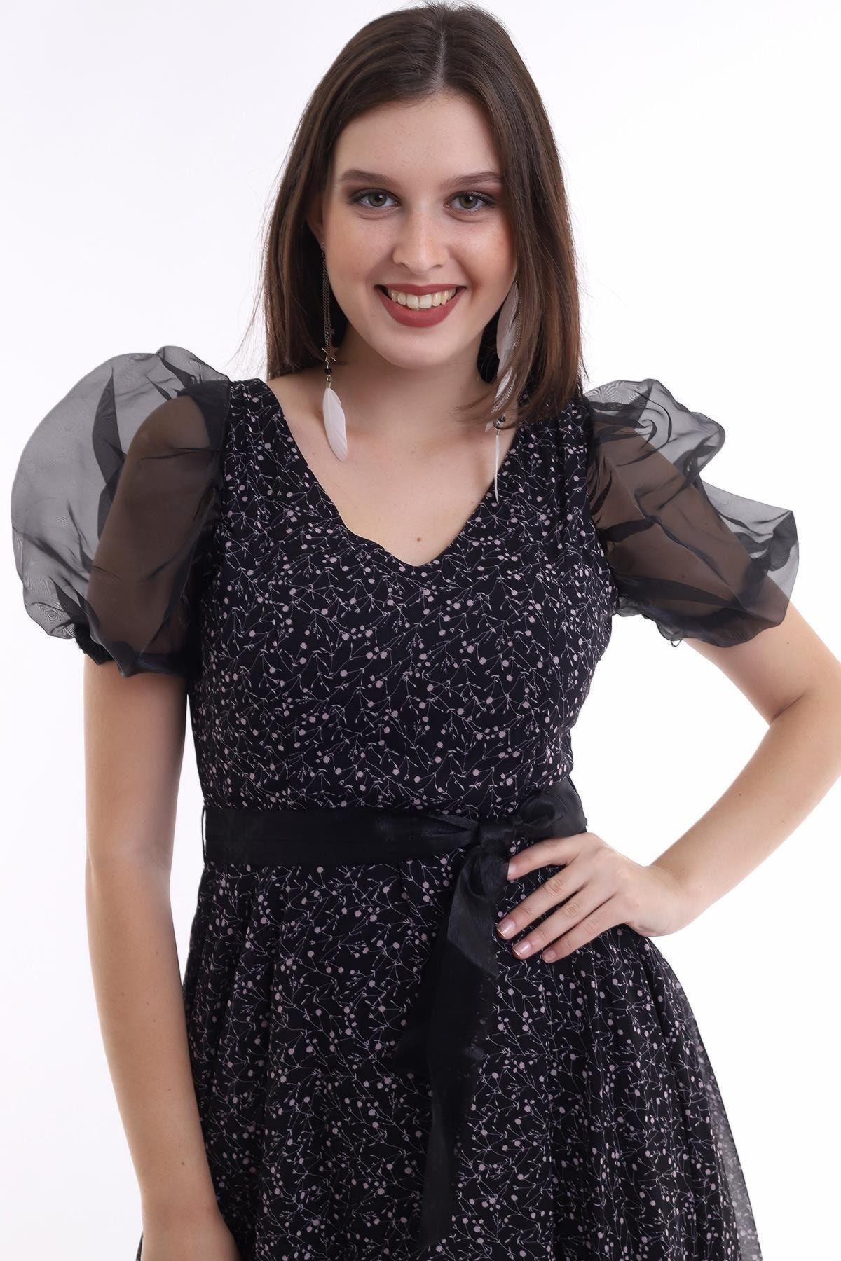 Organze Balon Kollu V Yakalı Şifon Kloş Mini Elbise