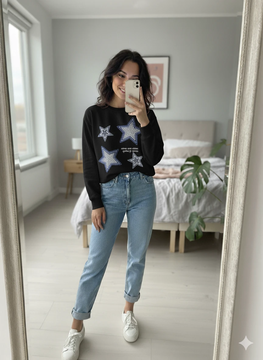 Bisiklet yaka standart Kalıp Taşlı ve Baskılı Kadın Sweatshirt - Siyah