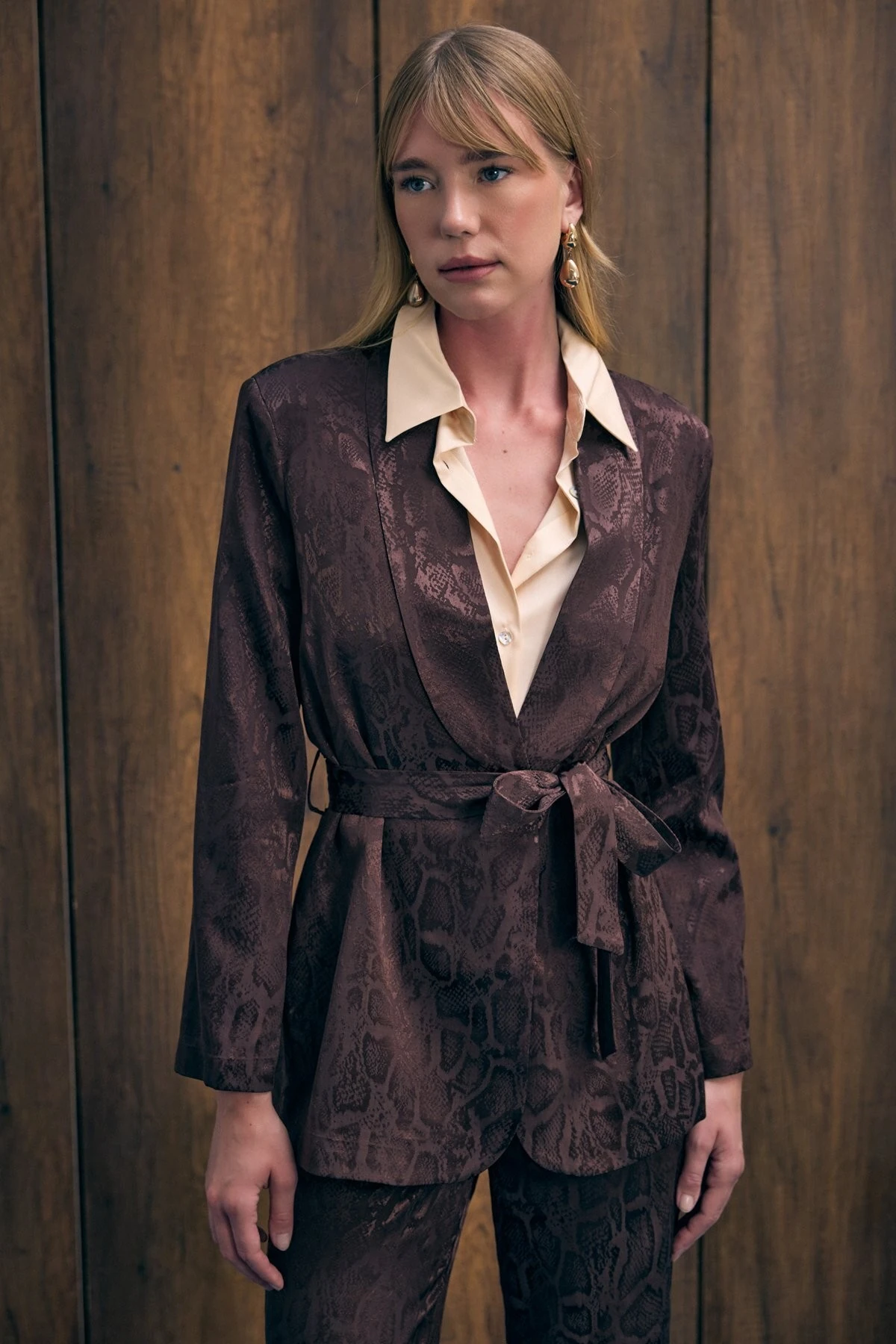 Yılan Desenli Uzun Ceket - Kahve