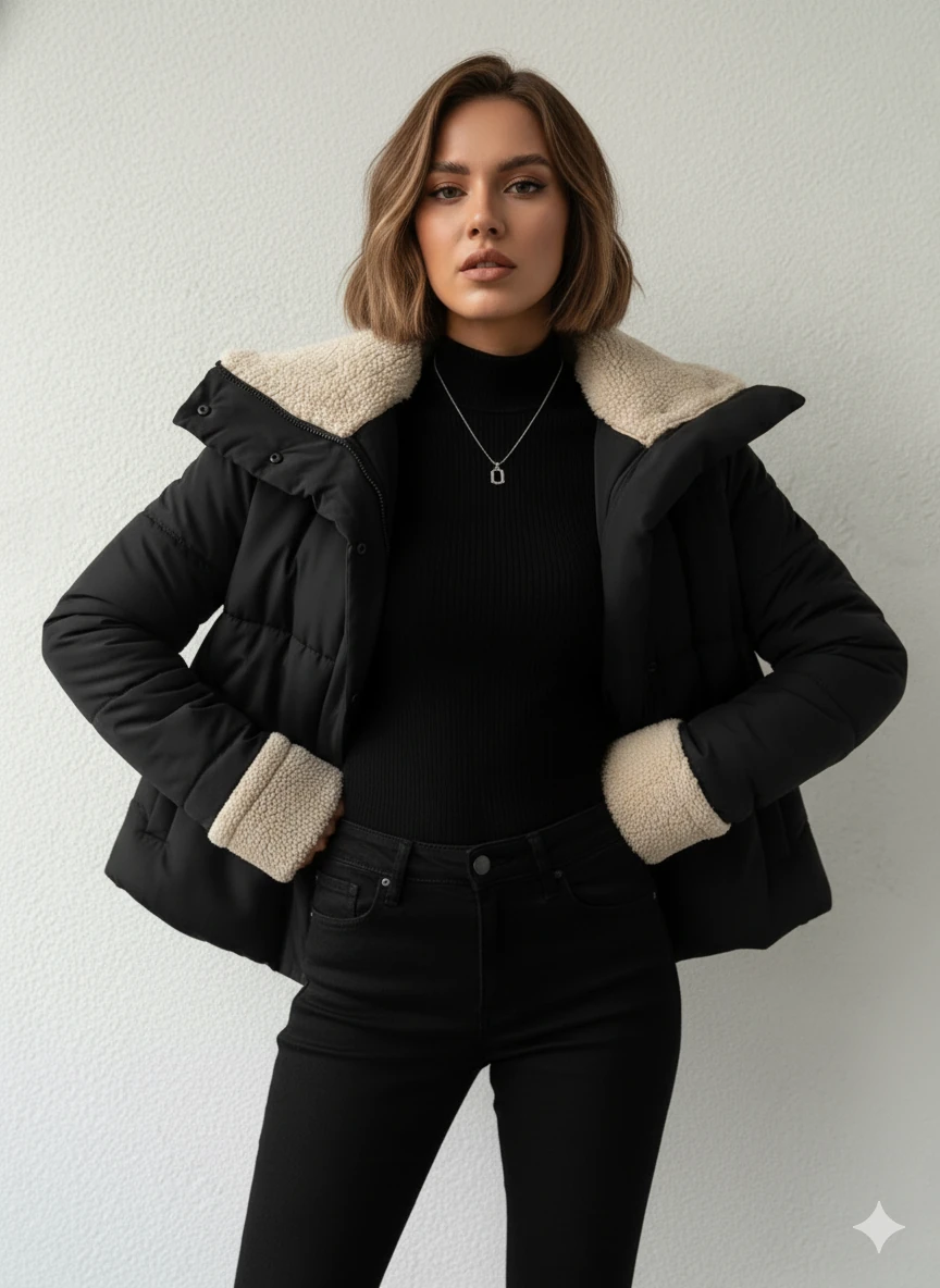 Kadın Yakası ve Kolu Kürk Detay Şişme Mont