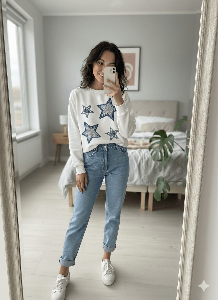 Bisiklet yaka standart Kalıp Taşlı ve Baskılı Kadın Sweatshirt